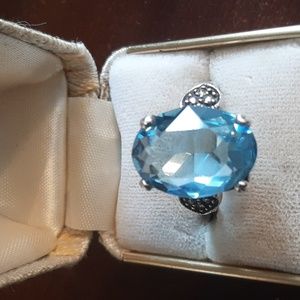 Sterling silver blue crystal, marcasite ring